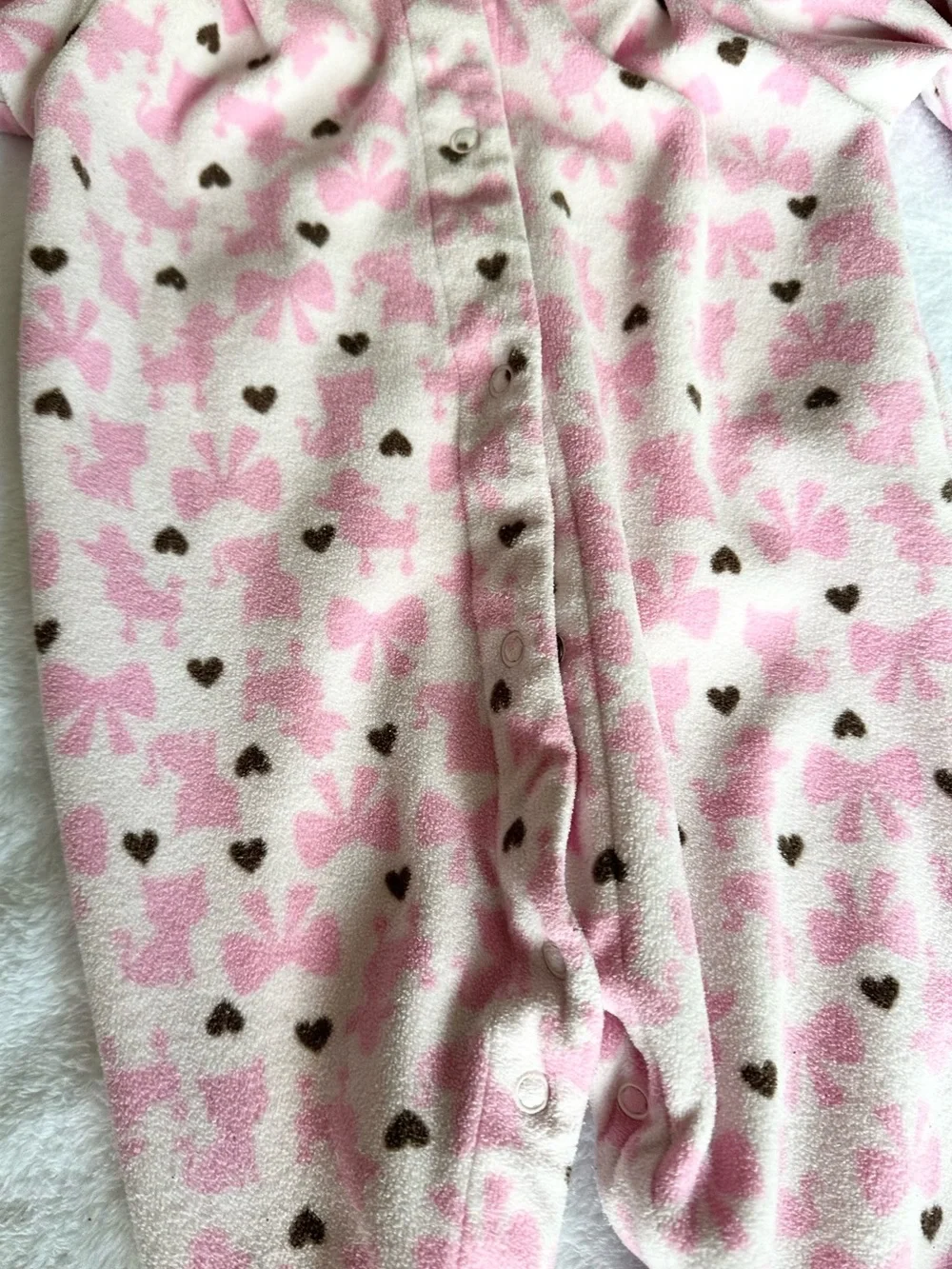 Carter's Pink & Brown Heart Bow Fleece Footed One-Piece